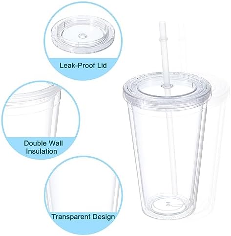 uxcell Acrylic Tumbler with Lid and Straw, 16 Oz Reusable Double Wall Cups for Ice Coffee, Clear Travel Tumblers for Birthdays Gifts, Customization (Grey) - Image 3