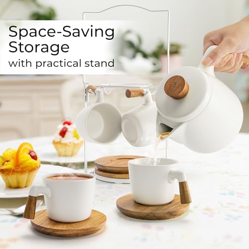 MIAMIO - Teapot Set with 4 Cups & Rack (34/10 oz) with Infuser (White) - Image 3