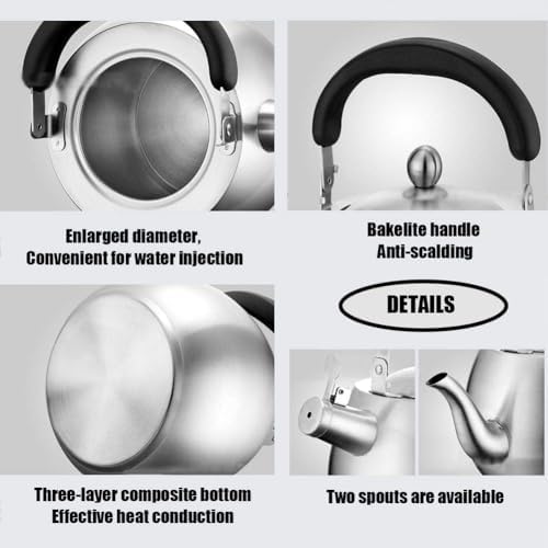 304 Stainless Steel Whistling Tea Kettle with Ergonomic Bakelite Handle Tea Pot Suitable for All Stovetop Kettle Teapot Silver - Image 7