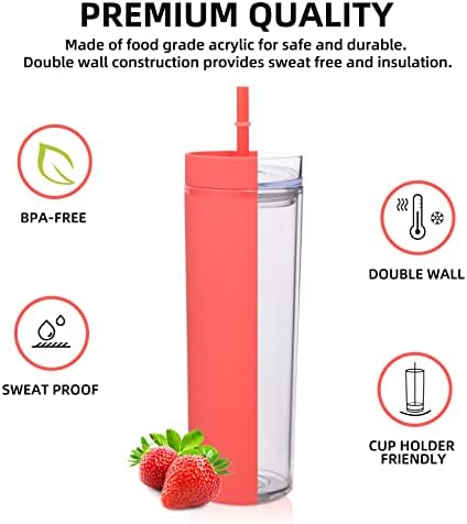 Volhoply 20oz Plastic Skinny Tumblers Bulk 10 Pack,Double Wall Tumbler with Lid and Straw,BPA Free Matte Acrylic Iced Coffee Cups with Straw,Reusable Travel Cute Mug for Party,DIY Gifts(Red, 10 Set) - Image 2