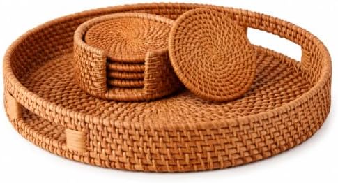 6 Pcs Rattan Coasters with Holder, Rattan Round Serving Tray Set by Tiangrid