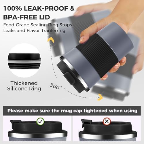 Volhoply 13 oz Stainless Steel Insulated Travel Coffee Mug with Fip Lid Bulk 4 Pack,Reusable Double Wall Vacuum Metal Coffee Cup,Portable Leak Proof Thermal Tumbler for Hot & Cold Drinks(Gray,4) - Image 4