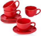 vicrays 6.5 oz Cappuccino Cups with Saucers, Set of 4, Ceramic Coffee Cup for Au Lait, Double shot, Latte, Cafe Mocha, Tea (Red) by VicraysCeramic
