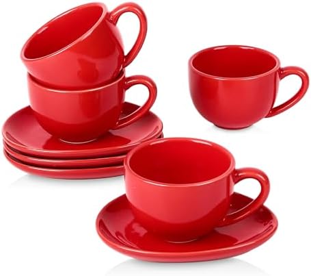 vicrays 6.5 oz Cappuccino Cups with Saucers, Set of 4, Ceramic Coffee Cup for Au Lait, Double shot, Latte, Cafe Mocha, Tea (Red) by VicraysCeramic