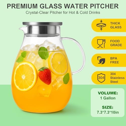 Glass Pitcher with Lid, 1 Gallon / 128oz Glass Water Jug for Hot and Cold Drinks, Iced Tea, Juice, and Beverage Carafe - Image 3