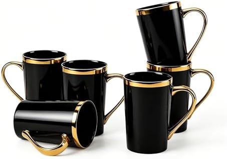 Black Gold Coffee Mugs Set of 6, 12 oz Porcelain by Loymokinar