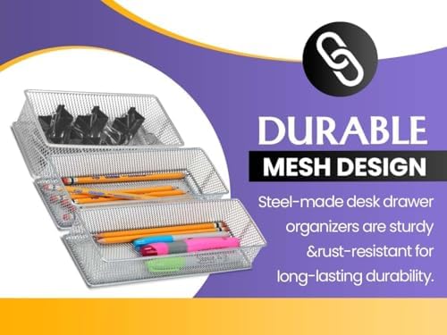 YBM HOME Silver Mesh Drawer Cabinet and or Shelf Organizer Bins, School Supply Holder Office Desktop Organizer Basket (12, 6x12x2 Inch) - Image 4