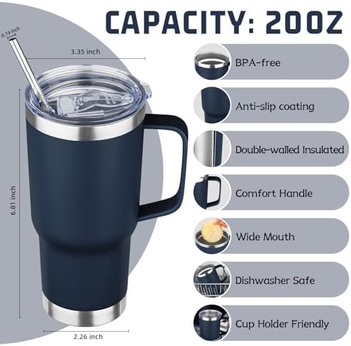 20 oz Tumbler with Handle Stainless Steel Insulated Coffee Mug Tumbler with Lid and Straw Double Wall Vacuum Insulated Coffee Mug Leak Proof Travel Mug Tumbler for Hot and Cold Drink (Navy Blue,4pack) - Image 2