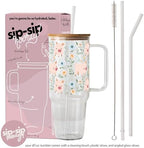 Sip-Sip Hooray! Piggy Floral 40oz Glass Tumbler with Lid and Straw - Image 4