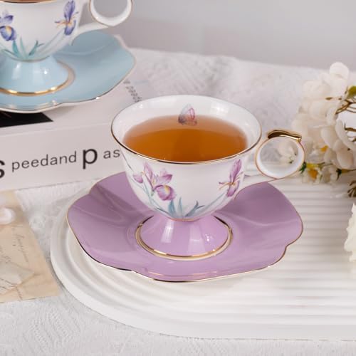 KAMMAK Ceramic Coffee Cups Saucers Set of 2, Porcelain Espresso Cups with Saucers, 8.45 oz Handcrafted Elegant Bone China Tea Cups, Iris Flower & Butterfly Pattern Teacup for Party, Office, Gift - Image 7