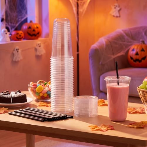 Ziliny 50 Sets 20 oz Clear Plastic Cups with Black Heart Straws and Lids - Image 5