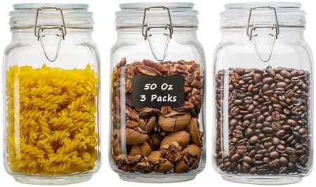 50oz Square Glass Food Storage Jars with Airtight Clamp Lids 3 Pack by LOOIOOJ