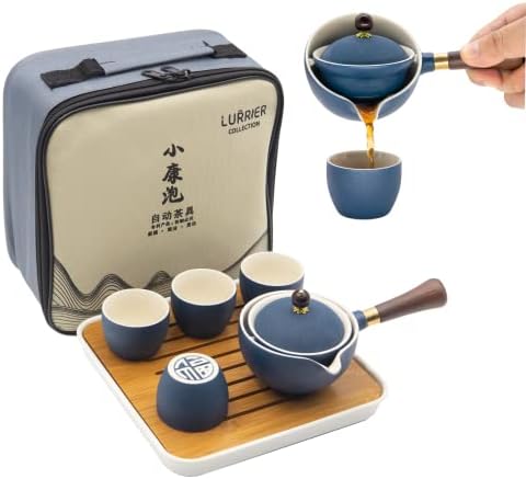 LURRIER Porcelain Chinese Gongfu Tea Set,Portable Teapot Set with 360 Rotation Tea maker and Infuser,Portable All in One Gift Bag for Travel,Home,Gifting,Outdoor and Office(Blue) by LURRIERUS