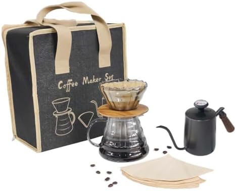 Pour Over Coffee Set, 3-in-1 Kit with 24oz Gooseneck Kettle with Thermometer, Glass Coffee Dripper, and Filters – Perfect for Home Office Camping, Gift Ready in Hand Bag – Beginner Friendly by Unknown