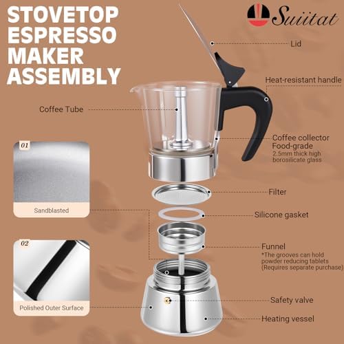 4 Cup 200ml Glass Moka Pot, Stovetop Espresso Maker, Silver - Image 2