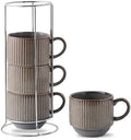 HASENSE Porcealin Coffee Mugs, Stackable Coffee Cups Set of 4 with Stand - 15 oz Large Ceramic Ribbed Latte Cup Set for Cappuccino, Tea, Hot Cocoa, Drinks - Dishwasher & Microwave Safe, Brown by Hasense