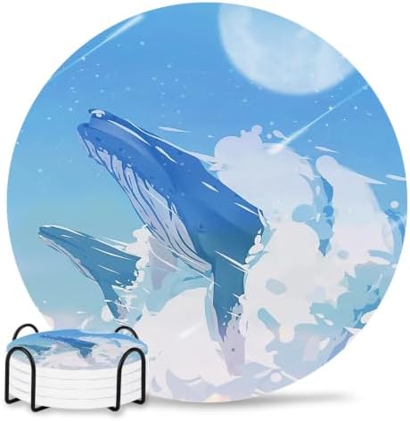 Blue Whale Drink Coasters Set of 4 with Holder, Absorbent Round Ceramic Coasters for Desk, Clouds Natural Landscape Cup Mats for Home Kitchen Office Party Coffee Table Decoration Supplies by Unknown