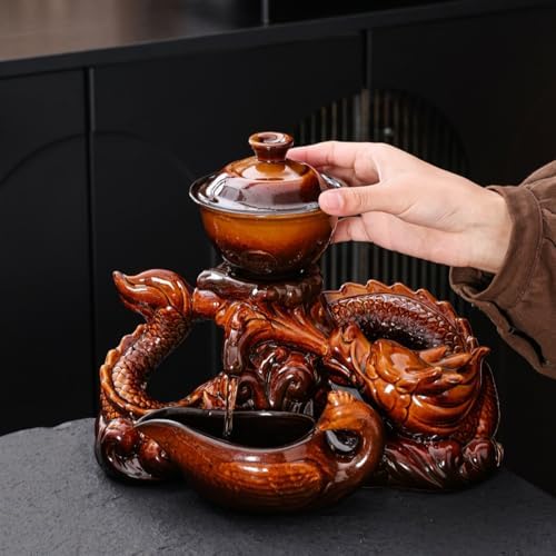 Ceramic Teapot with Infuser Chinese Gongfu Tea Set, 8 Cups, Semi Automatic Dragon Design for Loose Leaf Tea - Image 2