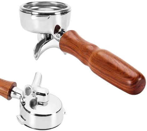 DIBTSA 58mm Espresso Portafilter Compatible with Nuova Simonelli,Double Spouts 2 Ears, with Stainless Steel Head and Filter Basket and Wood Handle by DIBTSA