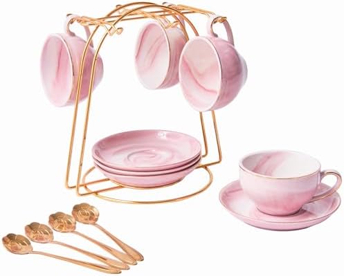 Ceramic Espresso Cups Set with Saucers and Metal Stand, 4 oz Porcelain Stackable Cappuccino Cups Teacup For Tea, Espresso, Latte, Coffee, Cafe Mocha (Pink by ZPGXLRZ