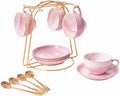 Ceramic Espresso Cups Set with Saucers and Metal Stand, 4 oz Porcelain Stackable Cappuccino Cups Teacup For Tea, Espresso, Latte, Coffee, Cafe Mocha (Pink by ZPGXLRZ