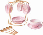 Ceramic Espresso Cups Set with Saucers and Metal Stand, 4 oz Porcelain Stackable Cappuccino Cups Teacup For Tea, Espresso, Latte, Coffee, Cafe Mocha (Pink by ZPGXLRZ