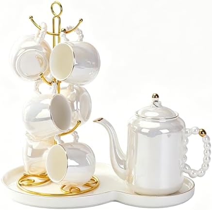DEARART Luxury Pearl Ceramic Tea Set, 1 Teapot & 6 Cups & Serving Tray & Tea Shelf, Gold Rim Beaded Handle Porcelain Coffee Tea Service Set, Elegant White Tea Cup Set for Home, Afternoon Tea etc. by DEARART