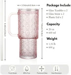 20 oz Pink Glass Tumbler with Lid and Straw, Glass Iced Coffee Cups, Spill-proof Glasses Tumbler with Handle, Hobnail Glasses Drinking Set of 2, Vintage Glassware for Cocktail, Smoothies - Image 7