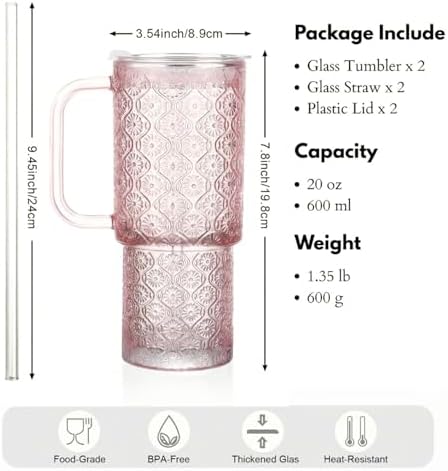 20 oz Pink Glass Tumbler with Lid and Straw, Glass Iced Coffee Cups, Spill-proof Glasses Tumbler with Handle, Hobnail Glasses Drinking Set of 2, Vintage Glassware for Cocktail, Smoothies - Image 7