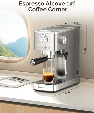 Maestri House Espresso Machines 20 Bar ULKA Pump, Compact Espresso Maker Built-in Flow Meter Steam Milk Frother, 43oz Removable Water Tank Stainless Steel Coffee Machine for Cappuccino (Sliver) - Image 5