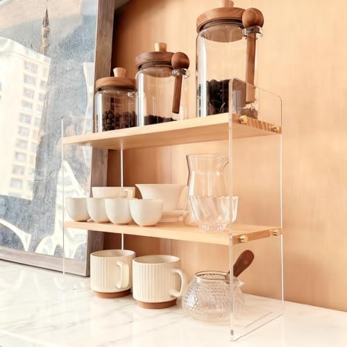 Coffee Station Organizer 2 Tier, Solid Wood Mug Shelffor Coffee Bar,Matcha Station,Tea Storage - Holds Mugs,Beans,Syrup,Cups,Tirrers by REEGII
