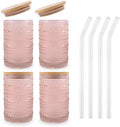 Vintage Drinking Glasses Set of 4 with Bamboo Lids, Textured Clear Striped Ribbed Glassware Set Cocktail Set Beaded Glass Cups Old Fashion Embossed Iced Coffee Cup for Beer, Beverage(16 oz), Rose Gold by MAKERSLAND