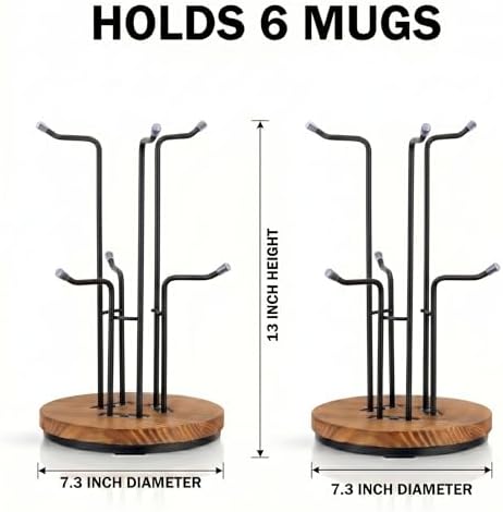 2 Pack 360° Rotating Large Mug Tree for Counter, Coffee Mug Holder with 6 Hooks, Cup Holder Stand for Countertop, Metal Cup Tree Rack with Weighted Wood Base, Kitchen Coffee Bar Decor Display - Image 5
