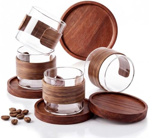 Espresso Cups Set of 4, 5 oz Shot Cup with Wooden Ring, Coaster by Unknown
