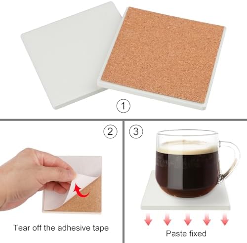 GNIEMCKIN 50 Pieces 3.54 Inch Square Blank Ceramic Coasters, Unglazed Ceramic Tiles Coasters with Cork Backing Pads for Painting, DIY Crafts, White. - Image 3