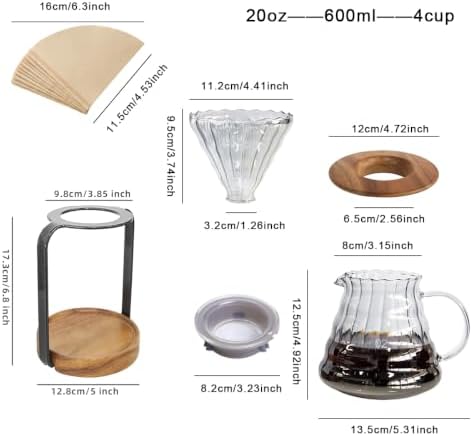 Borosilicate Glass Pour Over Coffee Set – 20oz Carafe with Lid, Solid Wood Base, Stainless Steel Stand, 40 Unbleached Filters, Microwave & Dishwasher Safe – Gift for Coffee Lovers - Image 3
