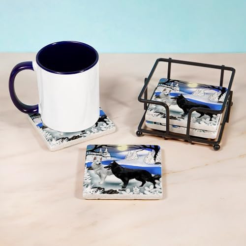 CafePress BLACK &Amp; WHITE GERMAN SHEPHERD DOGS Tile Coaste Tumbled Stone - Set of 4 Coasters Set of 4 w/holder - Image 3