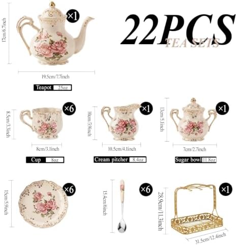 YOLIFE 22 Pcs Tea Sets for Adults, Porcelain Vintage Teaset (Pink Rose) - Image 3