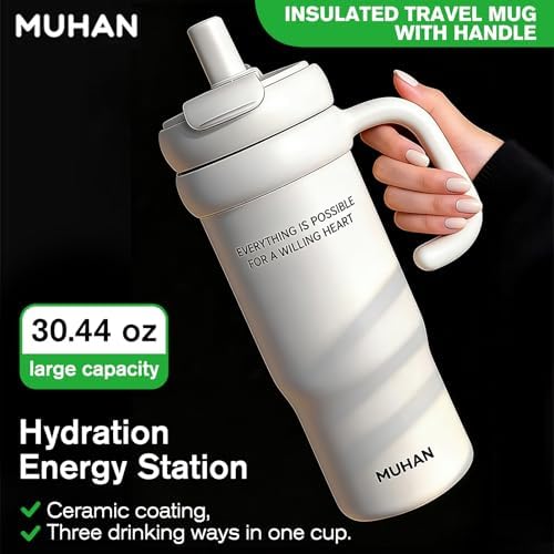 MUHAN 30oz Insulated Tumbler with Handle, Stainless Steel Water Bottle, Travel Mug (Moon White-316 stainless steel inner（Lid+tea strainer+Straw+handle）, MUHAN 30oz Insulated Tumbler with Handle) - Image 3
