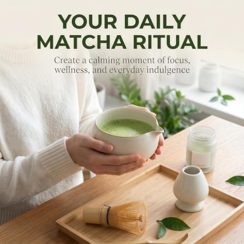 5 Pcs Matcha Whisk Set,Matcha Set Whisk and Bowl,Matcha Whisk Chasen,Japanese Complete Matcha Making Kit,Bowl with Spout,Bamboo 100 Prongs,Stainless Strainer,Home Tea Gift for Adults (white) - Image 3