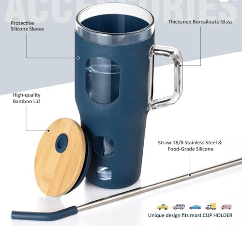 32oz Glass Tumbler with Handle and Straw, Bamboo Lid, Silicone Sleeve, Reusable Iced Coffee Cup for Travel, Home, Office (Navy Blue) - Image 3