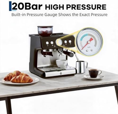 20 Bar Espresso Coffee Machine with Built-in Bean Grinder, 1400W 360° Steam Wand Latte Cappuccino Maker, 30 Grind Levels, Pressure Gauge, Self-Cleaning Stainless Steel Espresso Maker for Home Barista - Image 5