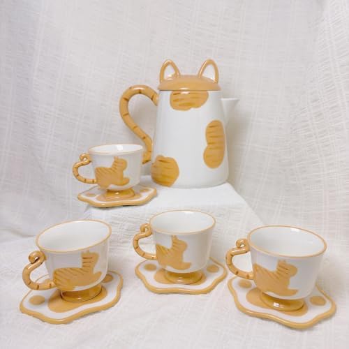 Ceramic Cat Tea Set,Cute Cat Paw Tea Mugs And Saucers Set Of 4,Perfect Cat Themed Gifts,Lovely Cat Decor,Tea Sets for Adults,Excellent Gift Idea For Cat Lovers (Orange, 4) by Unknown