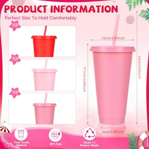 24 Pack Plastic Tumblers with Lids and Straws, Reusable Cups with Lids Plastic Colorful Cups for Parties Birthdays, Iced Coffee Cup Cold Drink Cups Bulk Tumbler (24 oz, Gradient Red and Pink Colors) - Image 2