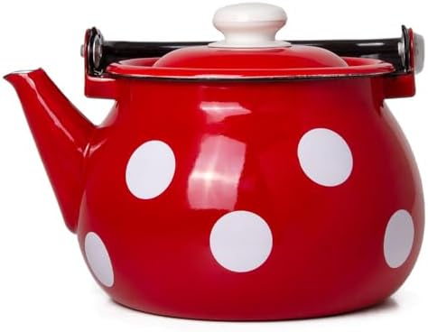 Vintage Enamel Kettle, Tea Pot Stovetop for Hot Water Fast to Boil, Teapot for Stovetop, Hot Water Kettle Teapot (Red White (3.5 L)) - Image 2