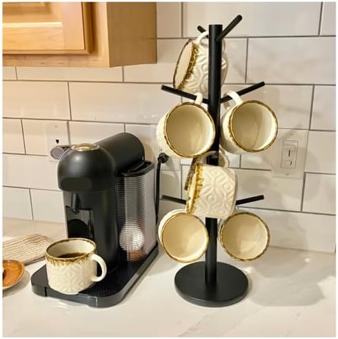 Evelots Countertop Coffee Mug Holder - Tea Cup Organizer Rack - Tree Hooks Hold 8 Large Mugs - Sturdy Wood with Black Finish - Coffee Bar Display Storage by Evelots