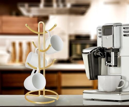 FitWell Mugs Holder, Mug Tree, Coffee Mug Holder, Coffee Mug Tree, Mug Organizer for Cabinet, Mug Holder Stand, Coffee & Tea Cup Storage Rack (Gold, 6 Mugs (15"H)) - Image 6