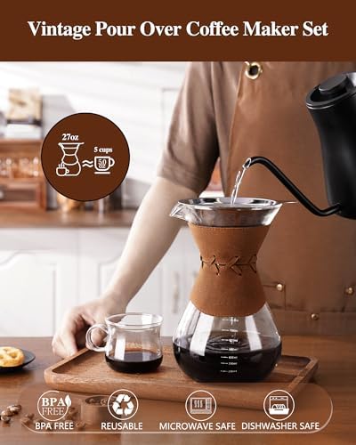 Pour Over Coffee Maker with Double-Layer Stainless Steel Filter - 27 oz Pour Over Coffee Dripper with Leather Collar, Heat Resistant 5 Cups Glass Coffee Carafe with Cork Lid for Hand Brewing Lovers - Image 5