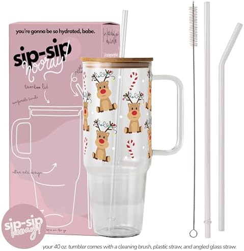 Sip-Sip Hooray! Christmas Reindeer Candy Cane 40oz Glass Tumbler with Lid and Straw, Iced Coffee Cup Holiday Gift - Image 4