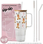 Sip-Sip Hooray! Christmas Reindeer Candy Cane 40oz Glass Tumbler with Lid and Straw, Iced Coffee Cup Holiday Gift - Image 4
